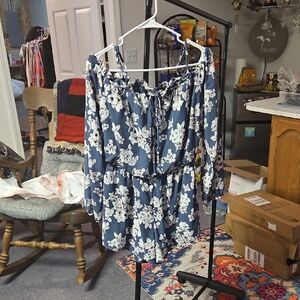 Peach Love California Blue and White Ruffled Tie Front Jumpsuit